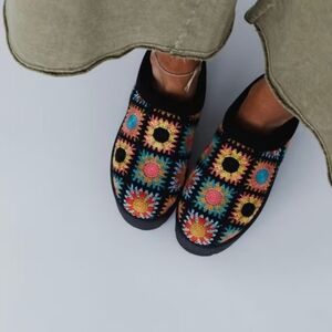 Anthropologie Black Multicolor Crochet Slip-Ons